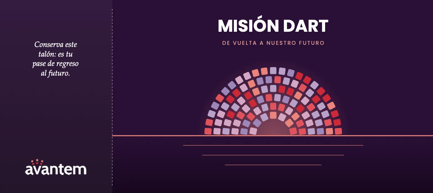 Boarding ticket, back: Misión DART with the arc of colour