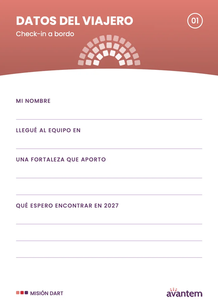 Page 1, traveller details: name, when I joined the team, a strength and what I hope to find in 2027 (in Spanish)