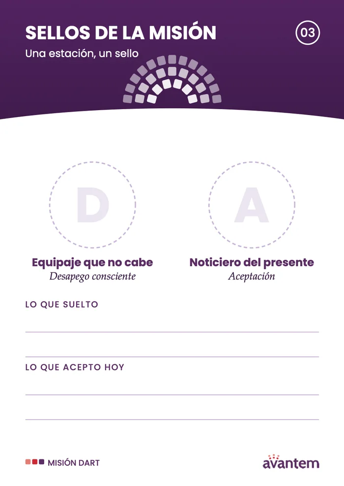 Page 3, mission stamps: D, conscious letting go, and A, acceptance (in Spanish)