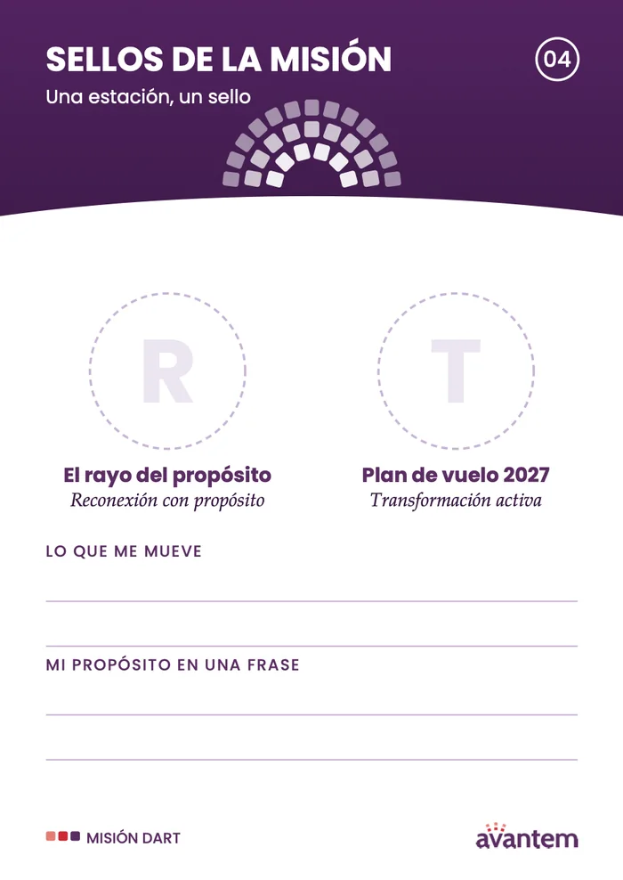 Page 4, mission stamps: R, reconnecting with purpose, and T, transformation (in Spanish)