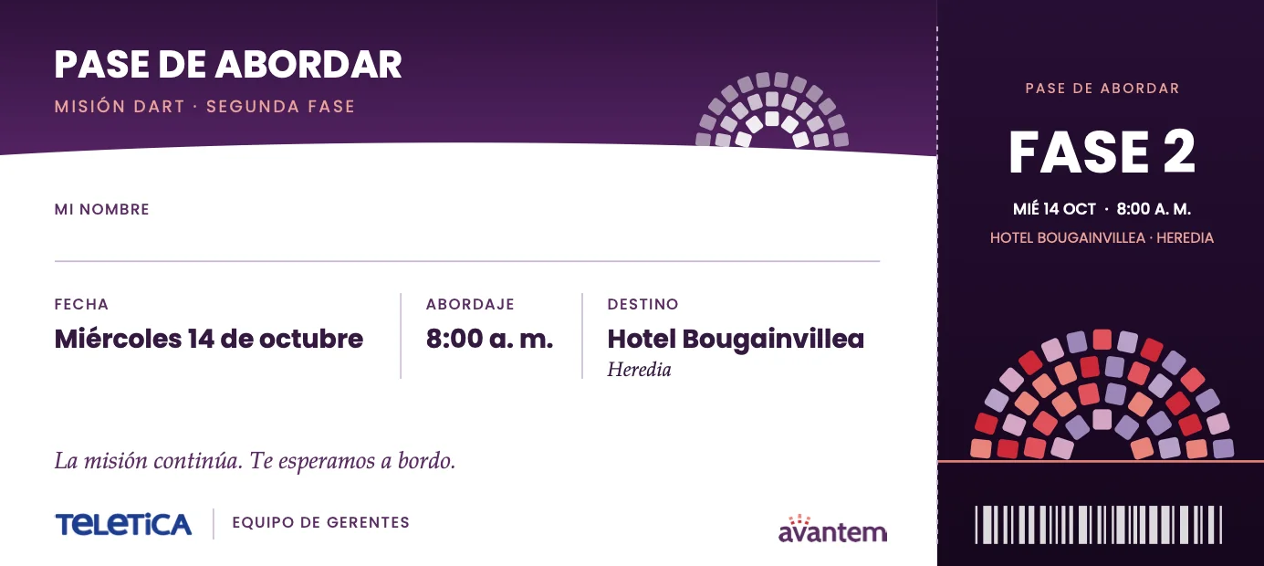 Phase 2 boarding pass: Wednesday 14 October, 8:00 a.m., Hotel Bougainvillea (in Spanish)