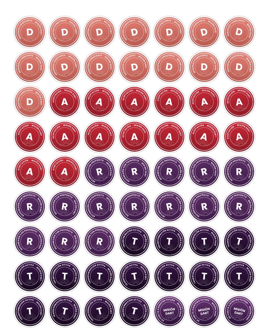 Sheet of round stamps with the letters D, A, R and T