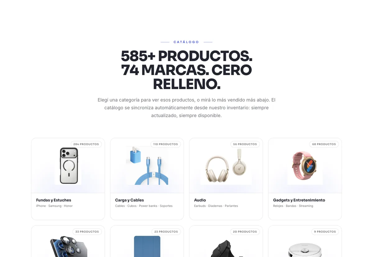 Catalogue: 585+ products and 74 brands by category, synced with the inventory (in Spanish)